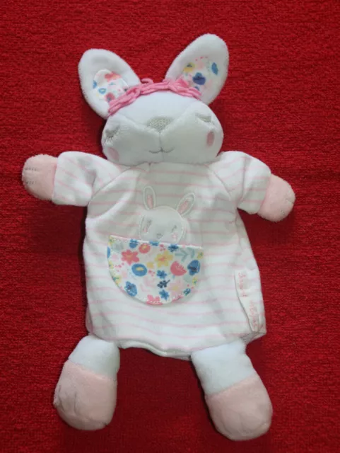 Sergent Major Doudou Lapin Marionnette Raye Rose Blanc Poche Fleurs Etat Neuf