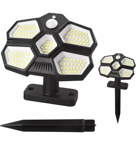 Lámpara solar LED exterior con sensor de movimiento, foco 124 LED regulable,