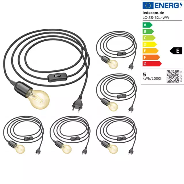 6x Cable textil LEHA con enchufe, interruptor y E27 portalámpara, negro, 3m incl