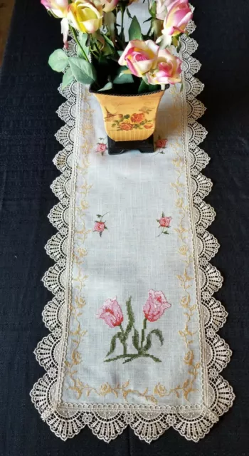 Table Runner w/ Embroidered English Rose & Antique European Lace 15x53" Beige