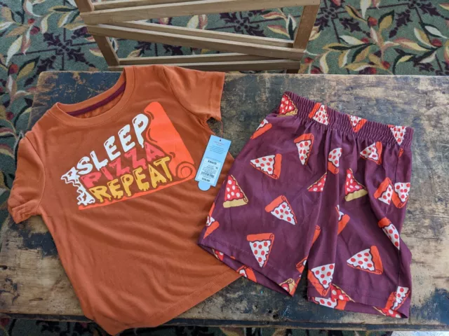 NWT Cat & Jack Boys Size XS 4/5 Pizza Pajamas PJ Set Summer Shirt Shorts 4T-5T