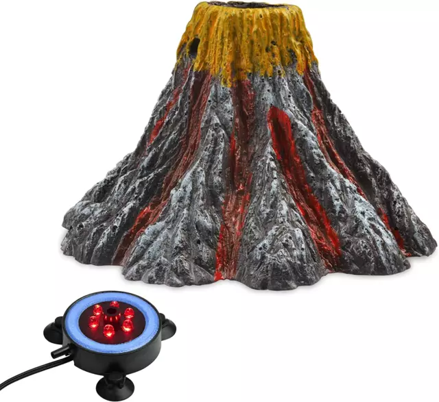 Aquarium Volcano Ornament Kit, Bubbler Decorations for Fish Tank with LED Light