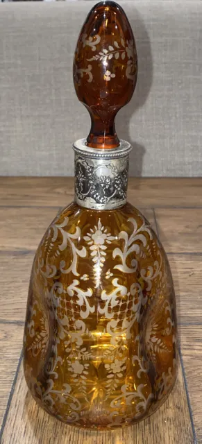 Moser Decanter  Etched Amber Crystal And Sterling Silver Pinched 10.25”