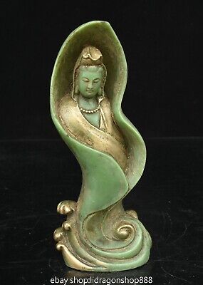 8 "vieille chine vert jade doré bouddhisme Kwan-yin Guan Yin déesse Statue