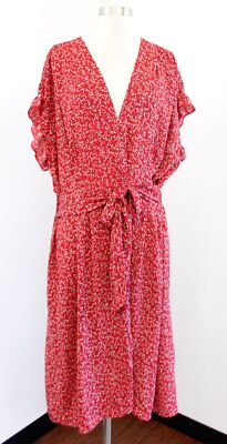 NWT Max Studio Red Floral Print Ruffle Sleeve Tie Waist Dress Size 2X 2XL Boho
