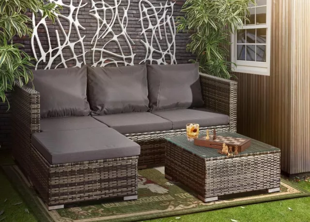 Rattan Garden Furniture Set 3 Seater L-Shape Sofa & Coffee Table Indoor/Outdoor