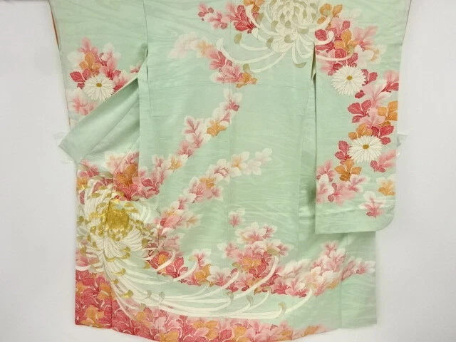84784# Japanese Kimono / Antique Furisode / Embroidery / Kiku