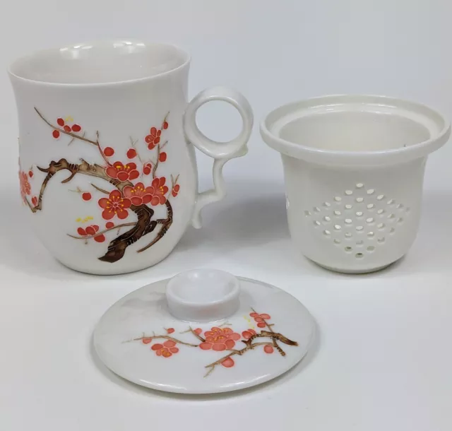 Teavana Cherry Blossom Porcelain Tea Cup Mug Infuser Lid 3 Piece Set Floral