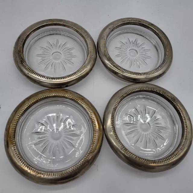 Set of 4 Vtg Coasters Starburst Pattern Leonard Italy Glass and Silverplate