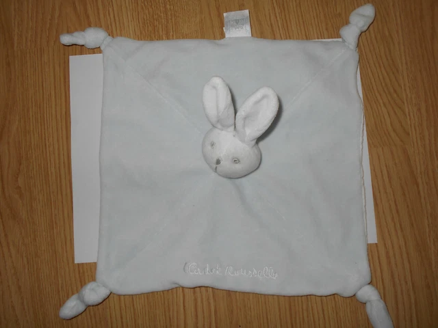 DOUDOU plat carré velours lapin CADET ROUSSELLE bleu blanc noeuds