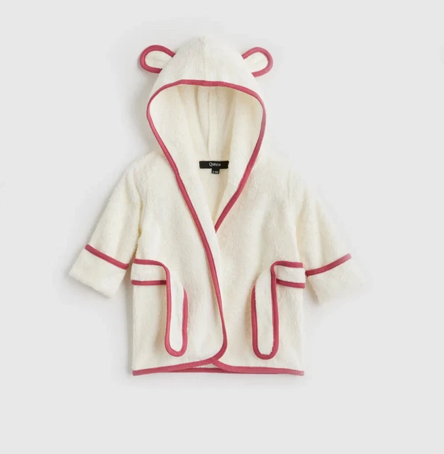 Quince Baby Girl Bath Robe Hooded Ivory/Pink 0-9 Months Bamboo Baby Shower Gift