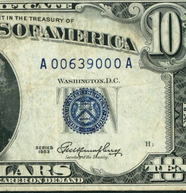 ((5 OF A KIND)) $10 1953 ((00639000)) Fancy Serial Number Silver Certificate