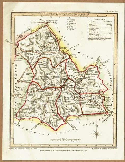 1808 hand coloured antique engraved map of Brecknockshire, Wales