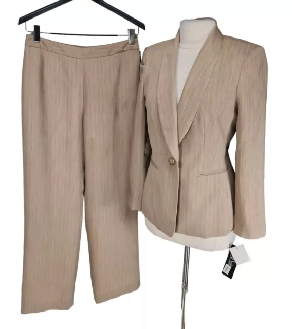 Le Suit Womens Pantsuit Size 8 Tan Striped One Button Up Blazer  90A