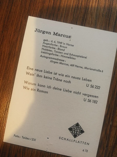 Signed JURGEN MORGAN Card German Singer Autograph Promo 2