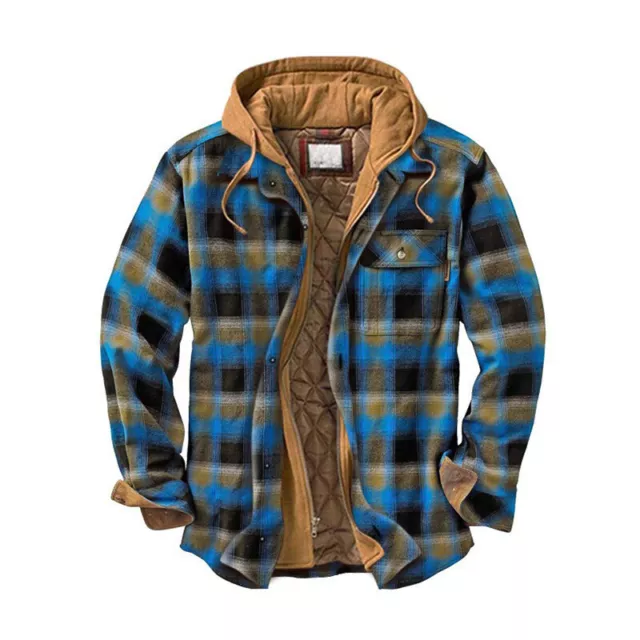 Mens Warm Thick Shirt Jacket Quilted Lined Plaid Flannel Hooded Coat Sweatshirts