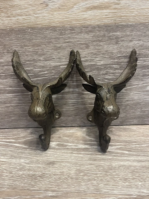 Antique 3D Cast Iron Wall Hooks Brown Moose Head Coat Hat Towel Hanging Rustic
