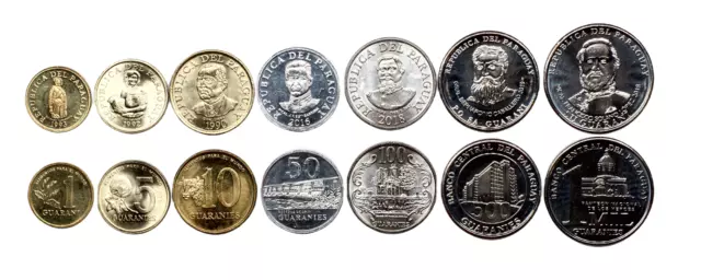 Paraguay Set 7 coins 1 5 10 50 100 500 1000 Guaranies Random year UNC
