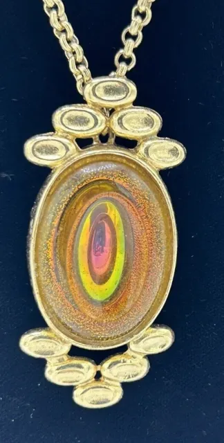 Vtg Whiting & Davis Gold Tone Necklace Iridescent Art Glass Pendant