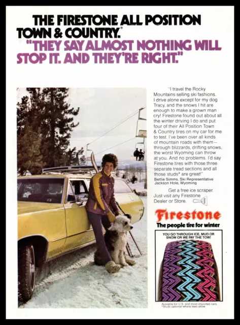 1972 Firestone Snow Tires Bettie Simms Ski Rep Jackson Hole Wyoming Print Ad