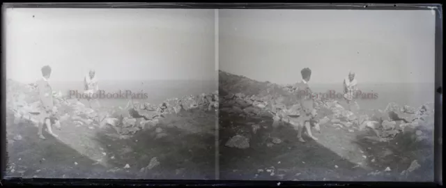 FRANCE Family Holidays c1920 NEGATIVE PHOTO Stereo Glass Plate VR22L12n7