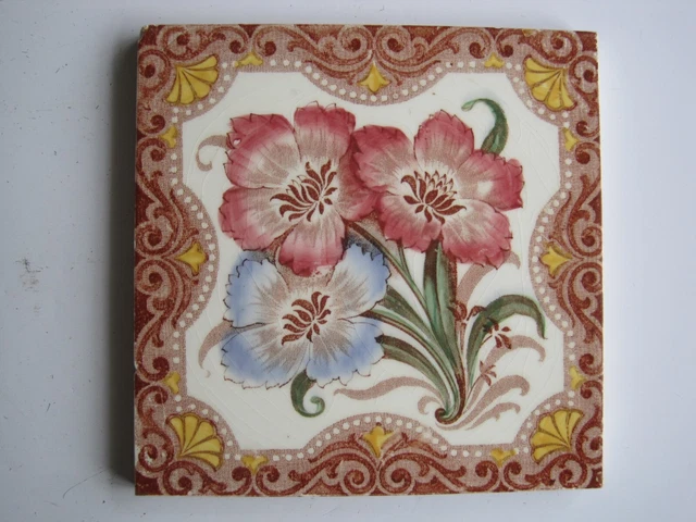 6" Sq.  Antique Victorian Alfred Meakin Print & Tint Floral Tile - C1895-1910