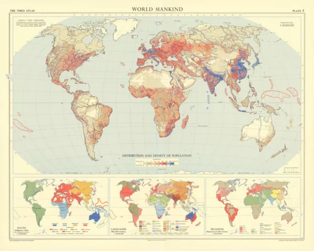 World Mankind. Population Races Languages & Religions. TIMES 1958 old map