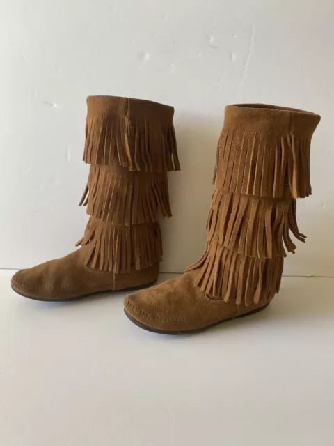 Minnetonka Mid Calf Womens Boots 3 Layers Fringe Brown Size 7