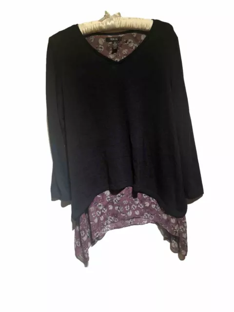 Style & Co. Women's Black V-Neck Floral Layered Top Size XL