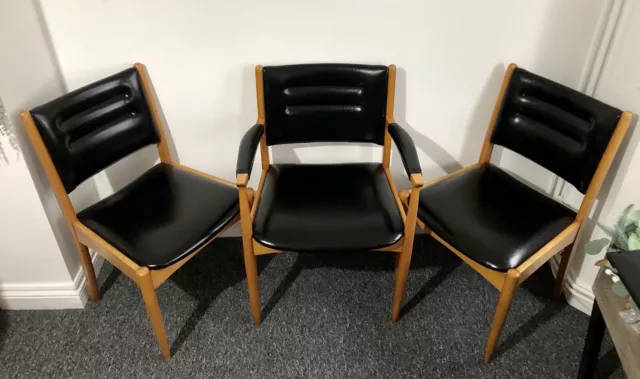 Morris of Glasgow Dining Chairs Set 3 Black Vinyl And Teak