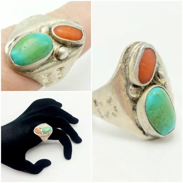 Vintage Native American Gemstone Ring Size 9 Marked , Green & Red Turquoise