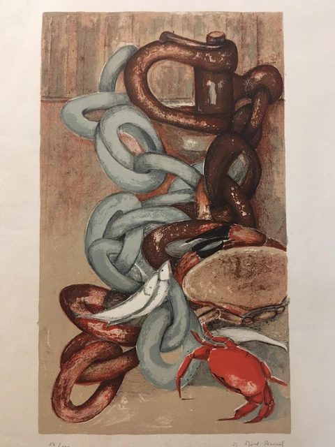 Belle Gravure Lithographie Couleur Crabe Poisson Mer Ancre A Identifier 1960