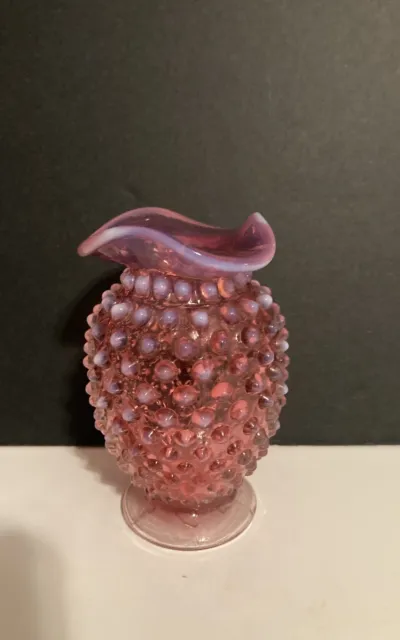 Cranberry Opalescent Hobnail Glass Mini Vase 4” Unmarked Fenton