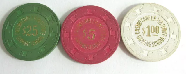 3 Vintage CASINO CAREER INSTITUTE ATLANTIC CITY NJ Casino Chips,1.00, 5.00 25.00