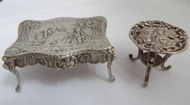 2 Nice Heavy English Antique Vintage Cast Solid Sterling Silver Miniature Tables
