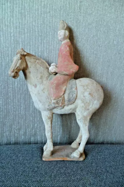 Chinese Terracotta Tang Dynasty Style Horse & Rider Statue Clay 16in 41cm tall