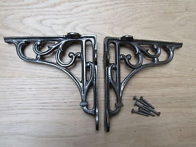 5" PAIR OF ANTIQUE IRON cast Victorian scroll ornate shelf support wall brackets