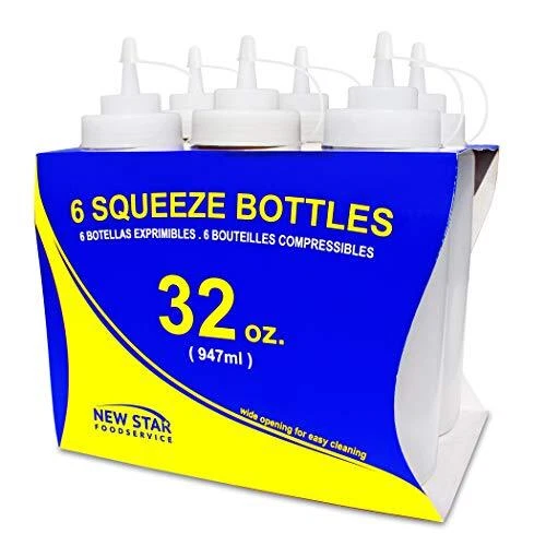 26269 Squeeze Bottles Plastic, Wide Mouth with Caps, 32 oz, 32 oz 6-Pack Clear