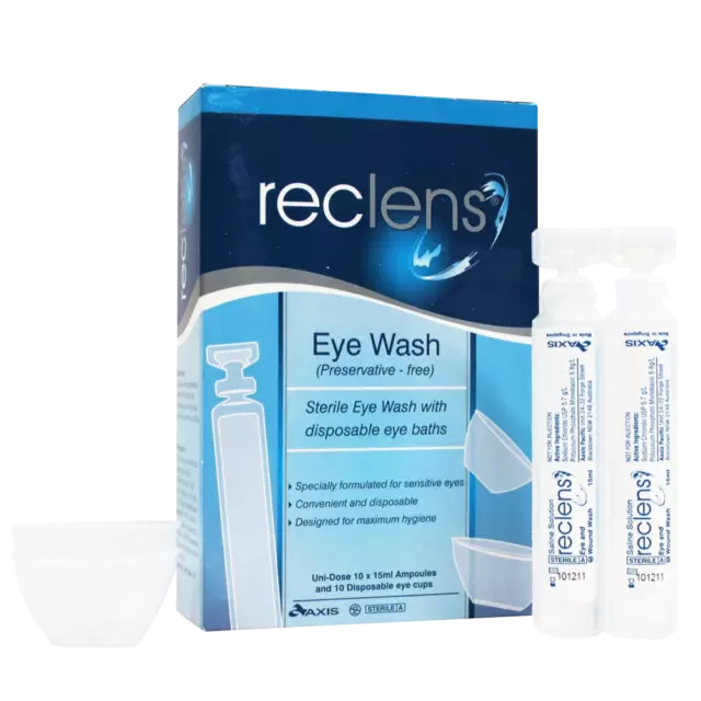 Reclens Eye Wash Ampoules 10 x 15mL Sterile Disposable Eye Cups