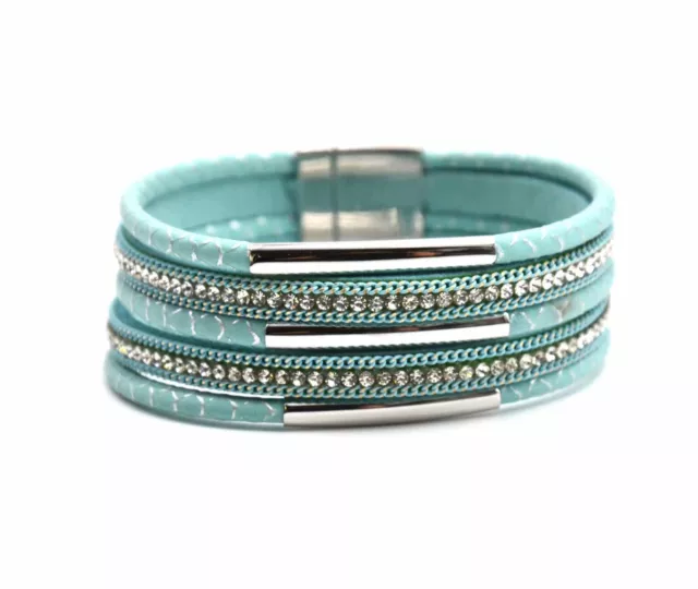 BC1297E - Bracelet Manchette Multi-Rangs Simili Cuir Ecailles Bleu Strass et ...