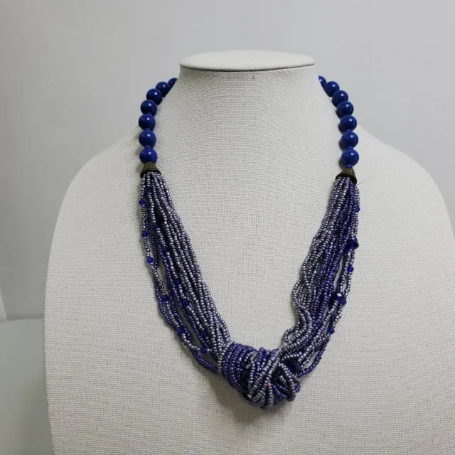 Beaded Necklace Blue Twist Knot Tie Statement Seed Beads Big Multi Strand Chunky