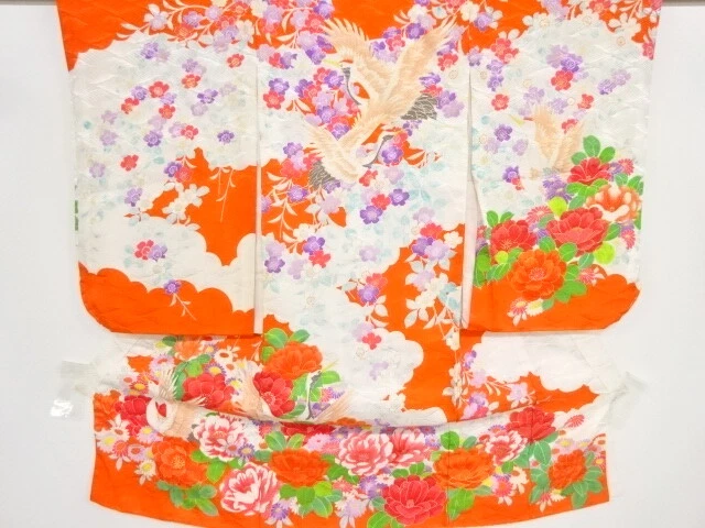 46203# Japanese Kimono / Antique Kimono For Girls / Cranes & Floral Plants