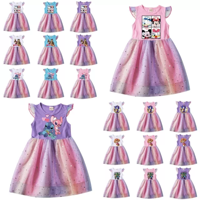 Kids Girls Cartoon characters Rainbow Mesh Dress Princess T-Shirt Tutu Dress UK