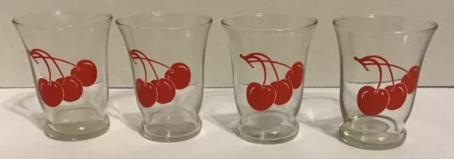 Vintage Set of 4 Libbey 3" Red Triple Cherry 4 oz Juice Shot Glasses Barware