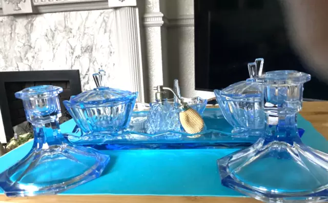 Art Deco Blue Glass Dressing Table Set