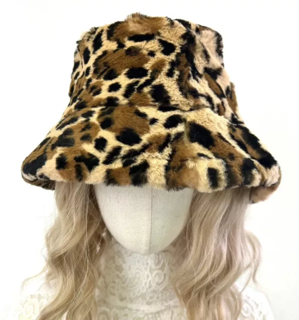 New Women’s Genuine Rabbit Fur Leo Print Bucket Hat One Size