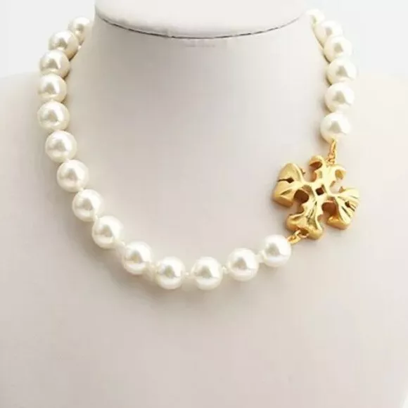 Tory Burch Gold  Roxanne Pearl Logo Short Choker Necklace