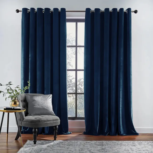 Velvet Blackout Curtains Eyelet Ring Top Fully Lined Ready Made Curtain Panel UK