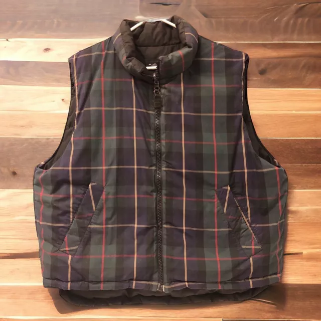 Vtg EDDIE BAUER GOOSE DOWN Puffer VEST REVERSIBLE Black Green Plaid Mens XL