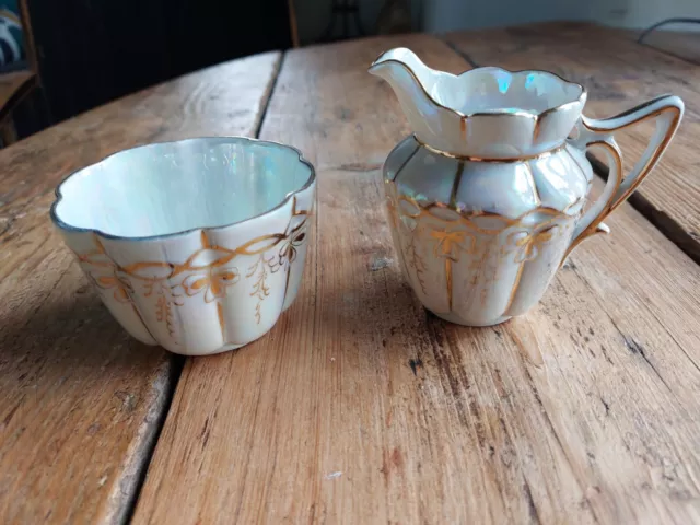 Vintage Edwardian schillernd perlmuttfarbener Kronleuchter Krug und Zuckerschale